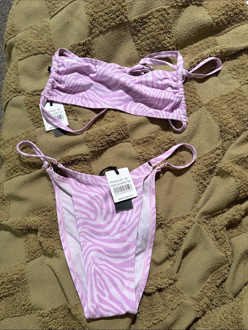 Kendall & Kylie Lilac Abstract Tiger Print Bandeau Bikini Set Size Large